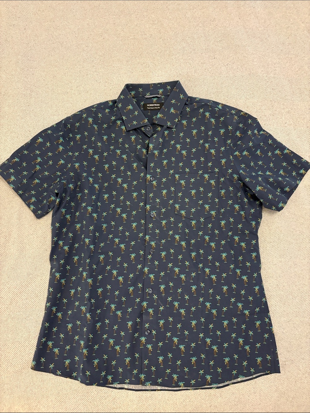 Nordstrom Navy Short-Sleeve Button-Down with Green Palm Print